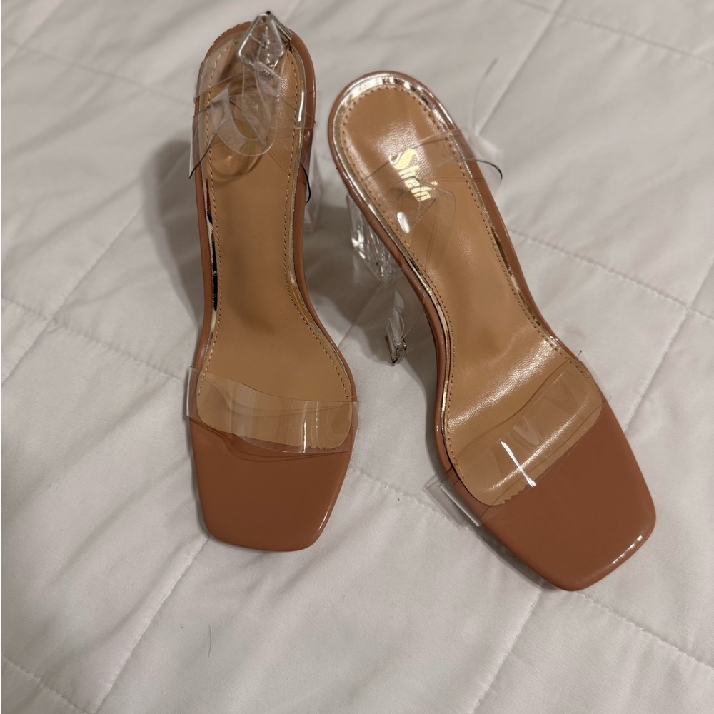 Clear Strap Tan Block Heel Sandals - Women